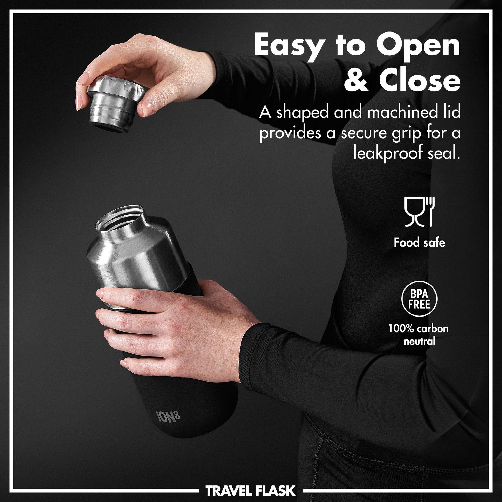 Person holding a travel flask with a shaped lid on a black background, featuring text about the product's features.