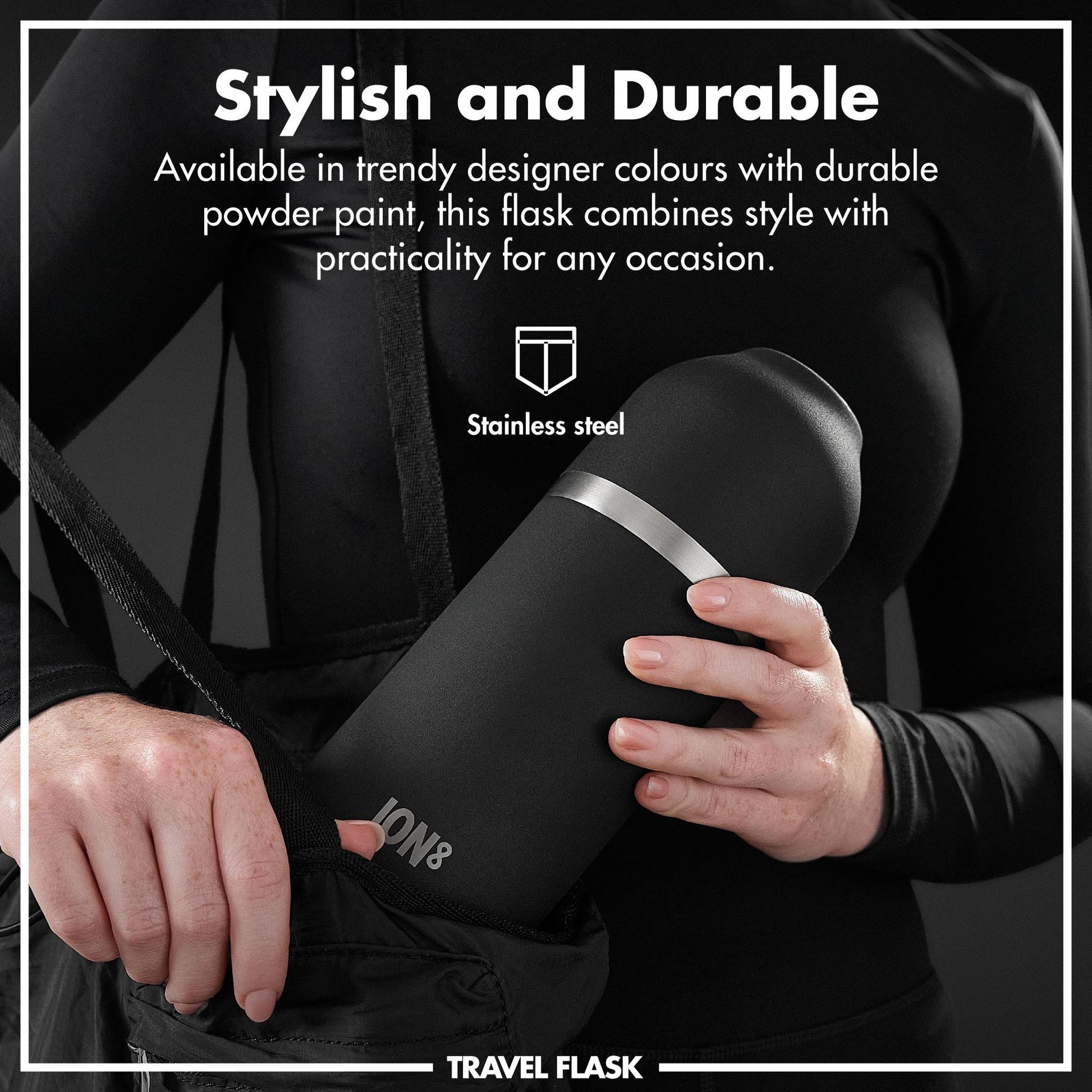 Person holding a black travel flask with text about its style, durability, and features.