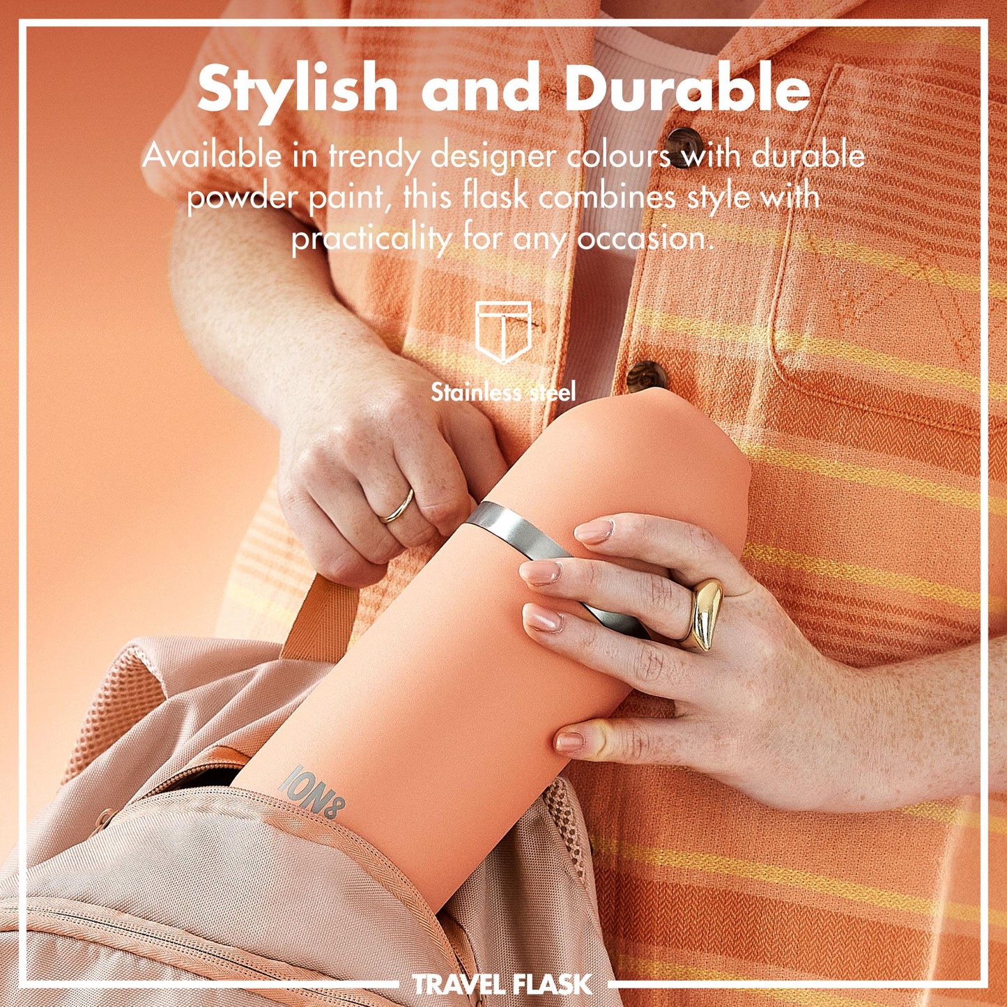 Person holding a travel flask with text about its style, durability, and availability in trendy colors.
