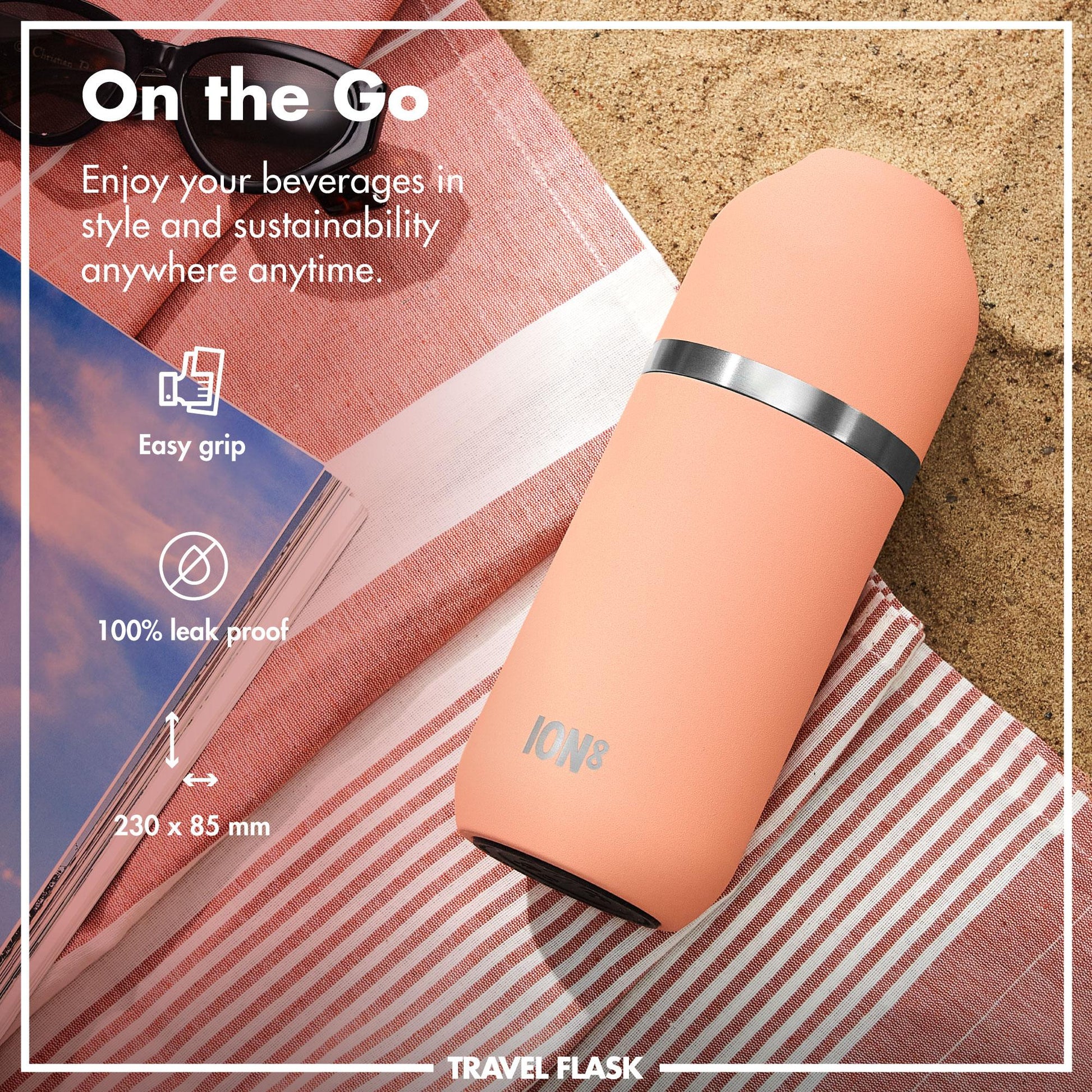 Travel flask on a beach setting with promotional text about its features.