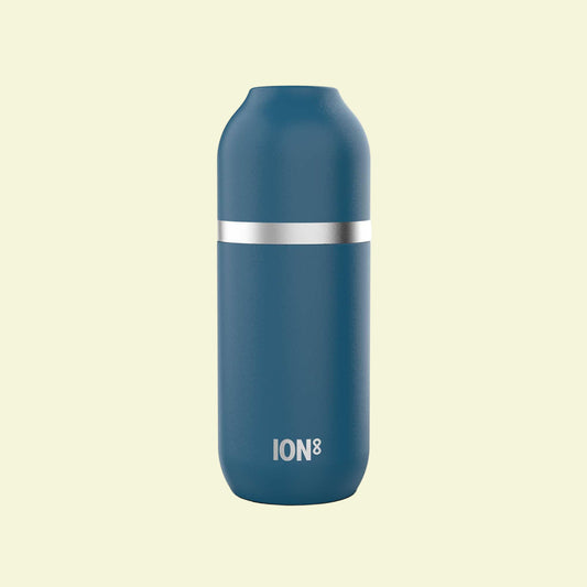 Blue water bottle with silver band and 'ION8' branding on a white background
