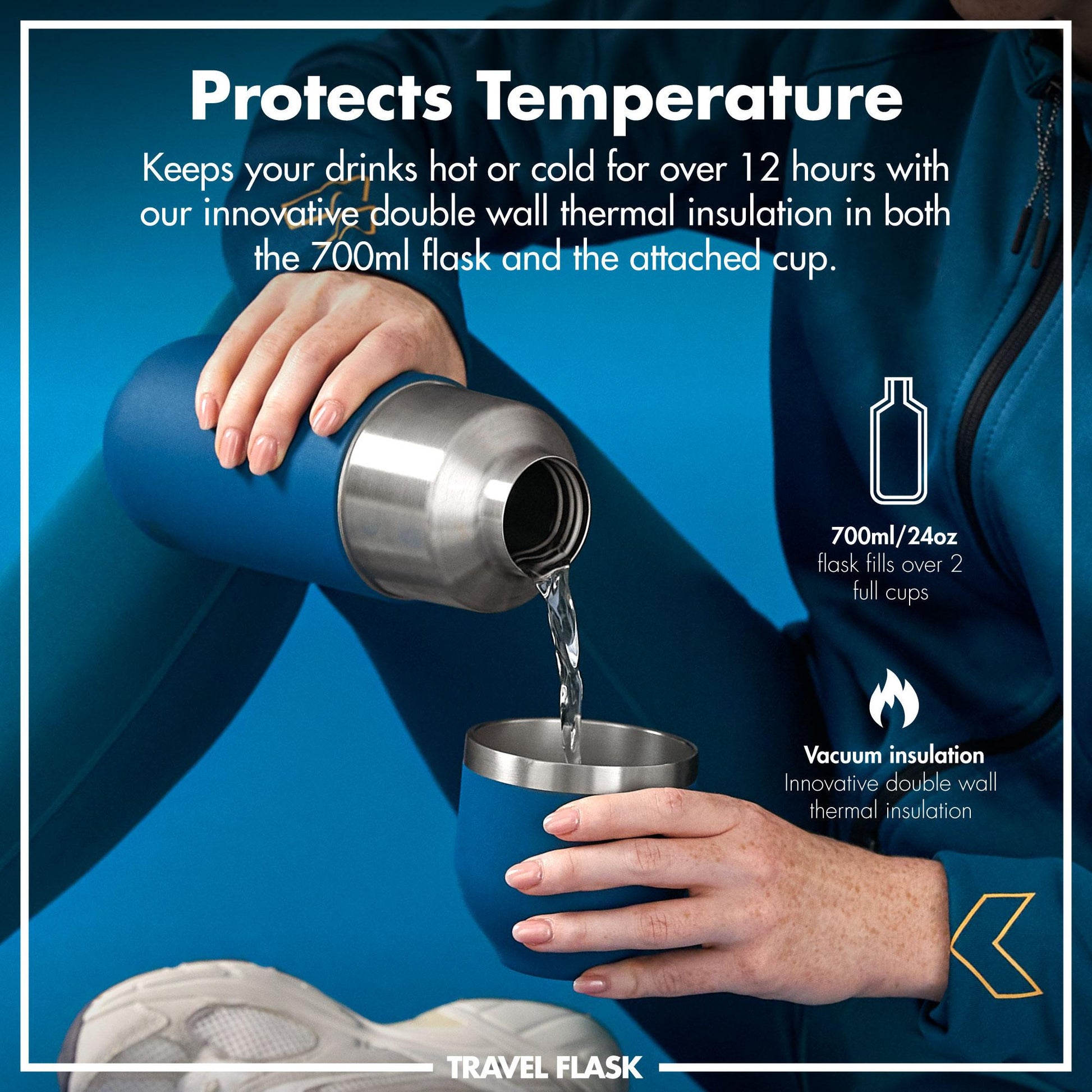 Person pouring liquid from a blue travel flask into a matching cup with text about temperature protection and insulation.