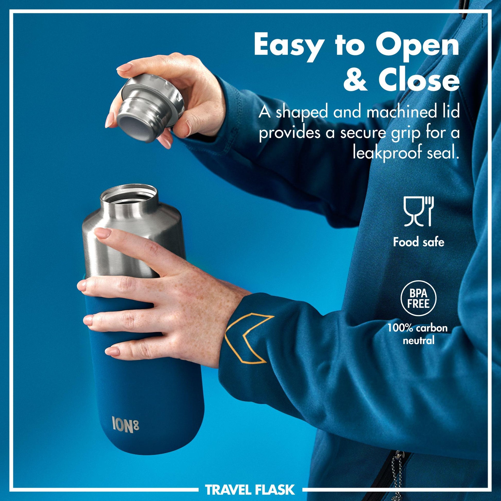Person opening a blue travel flask with text about its features on a blue background