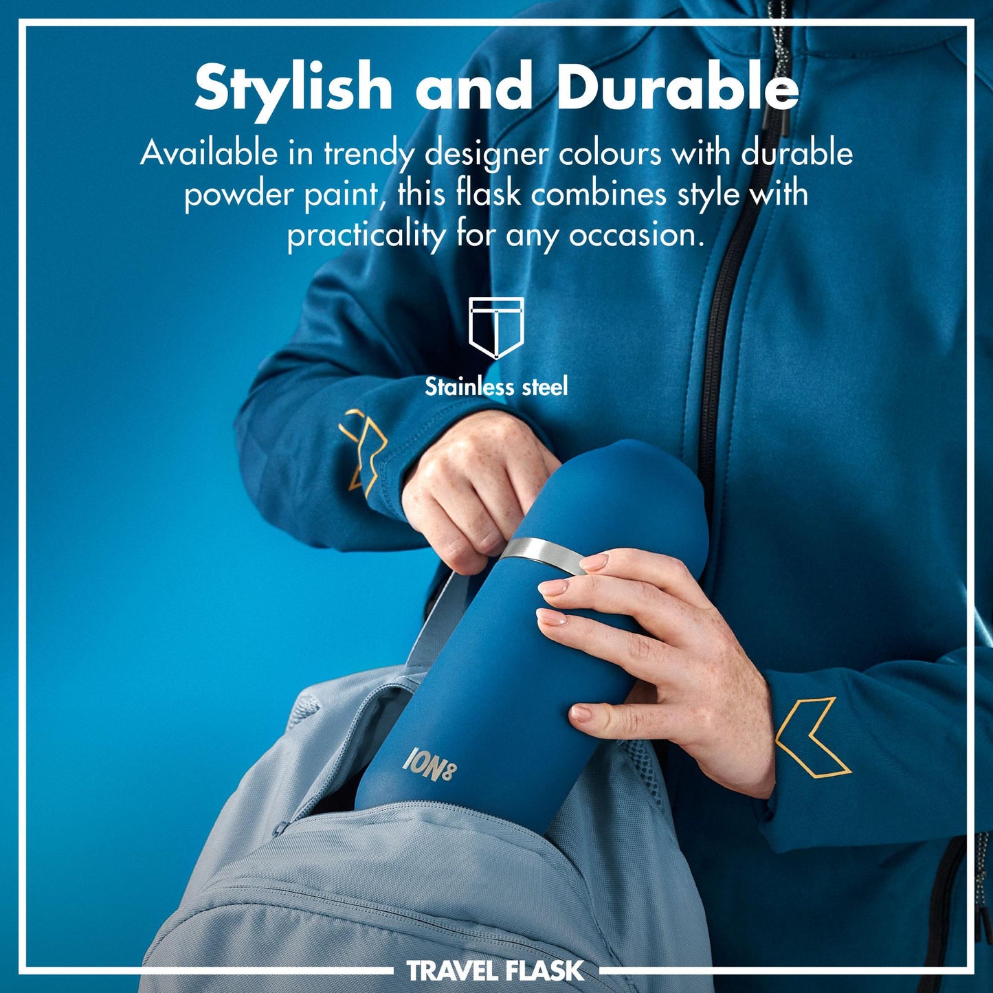 Person holding a blue travel flask with promotional text on a blue background