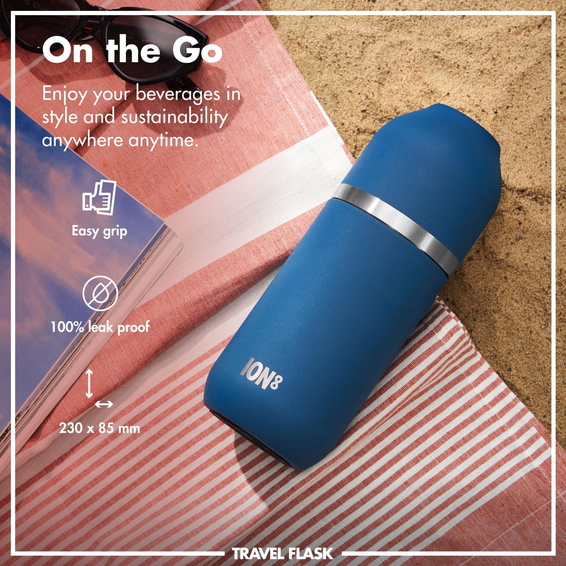 Blue travel flask with silver band on a beach towel, promotional text about features.