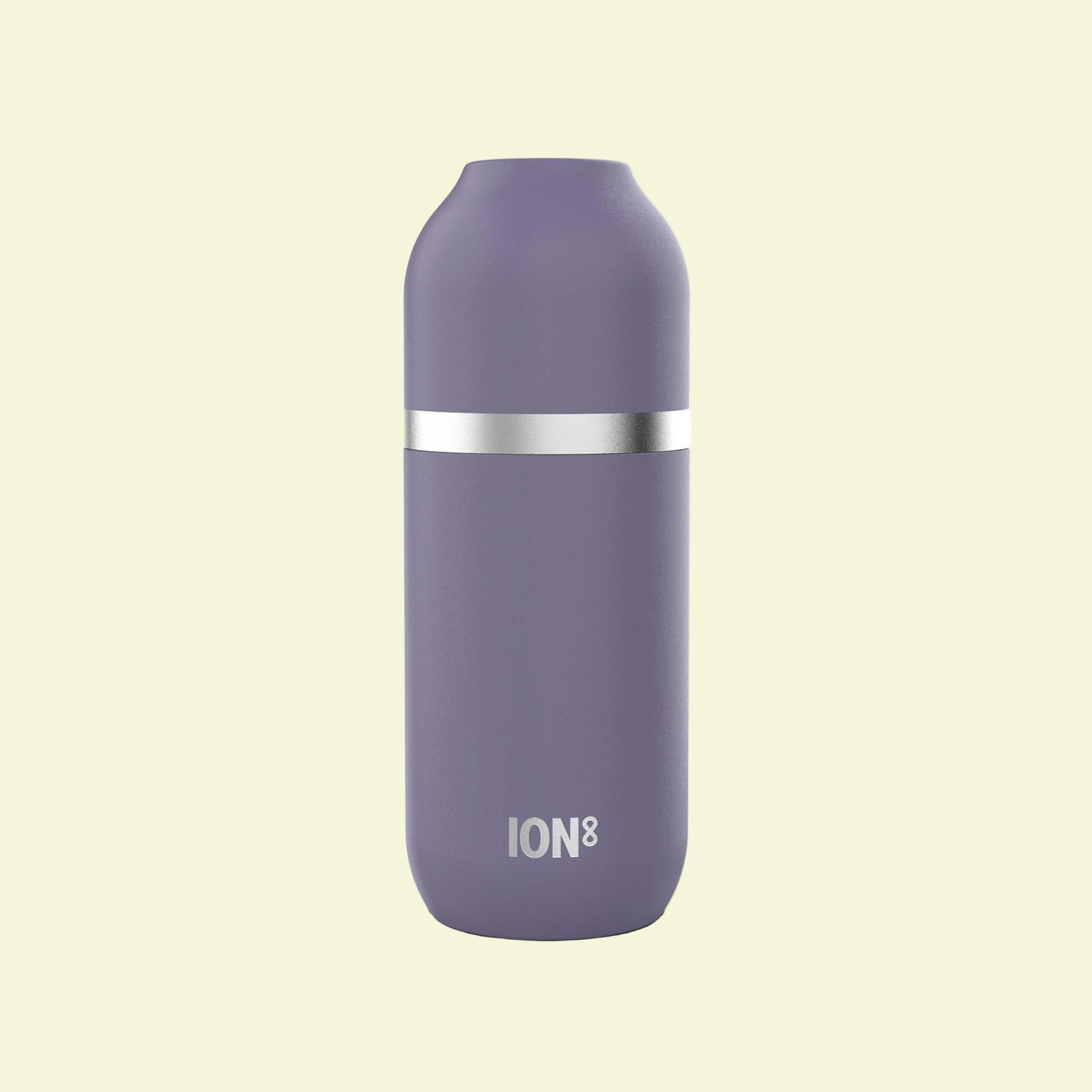 Purple water bottle with silver band on a white background
