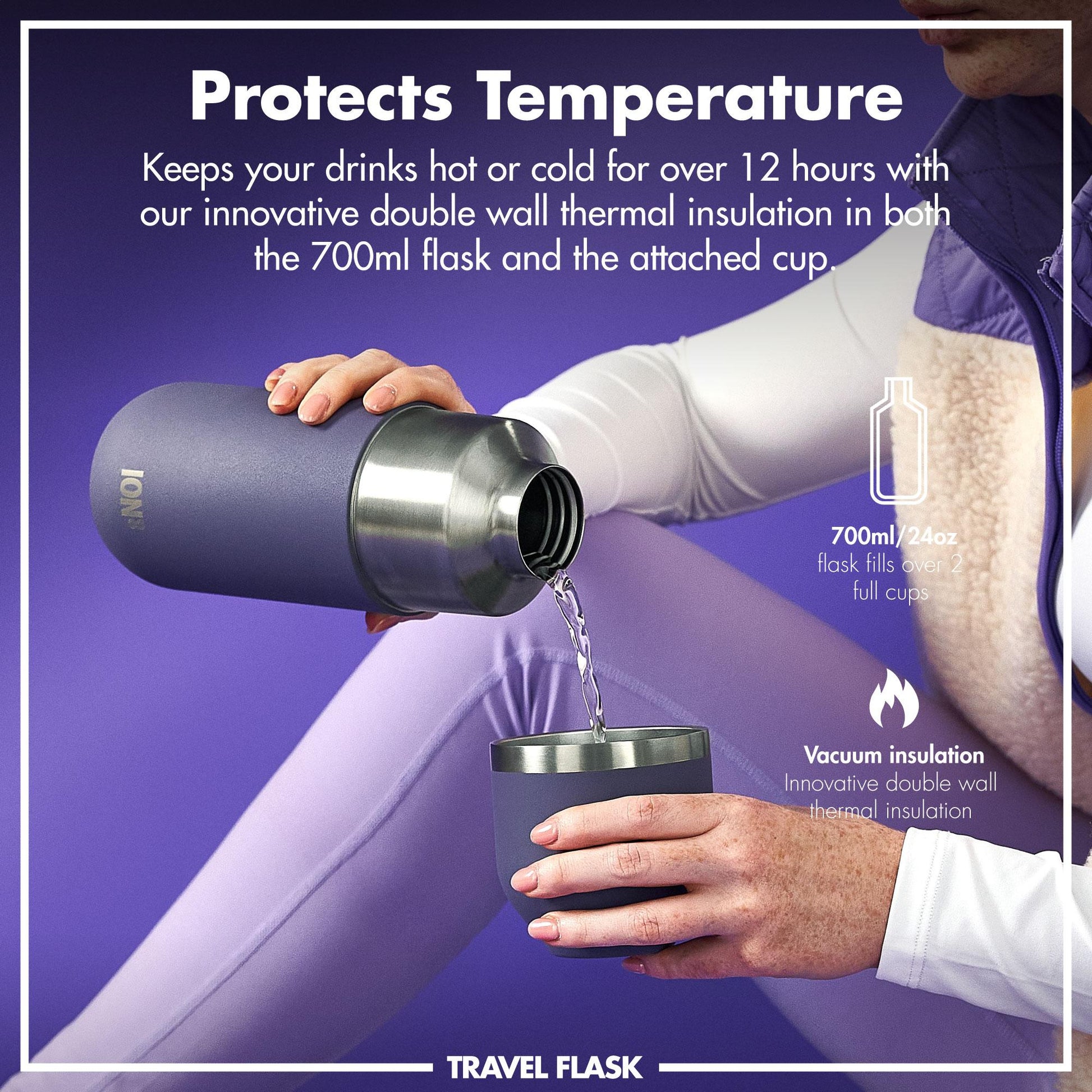 Person pouring liquid from a travel flask into a cup with text about temperature protection and insulation.