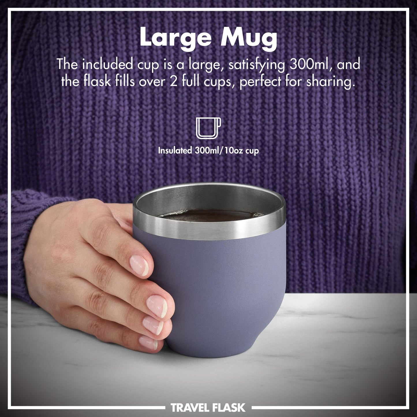 Hand holding a large insulated mug with text about its capacity and use.