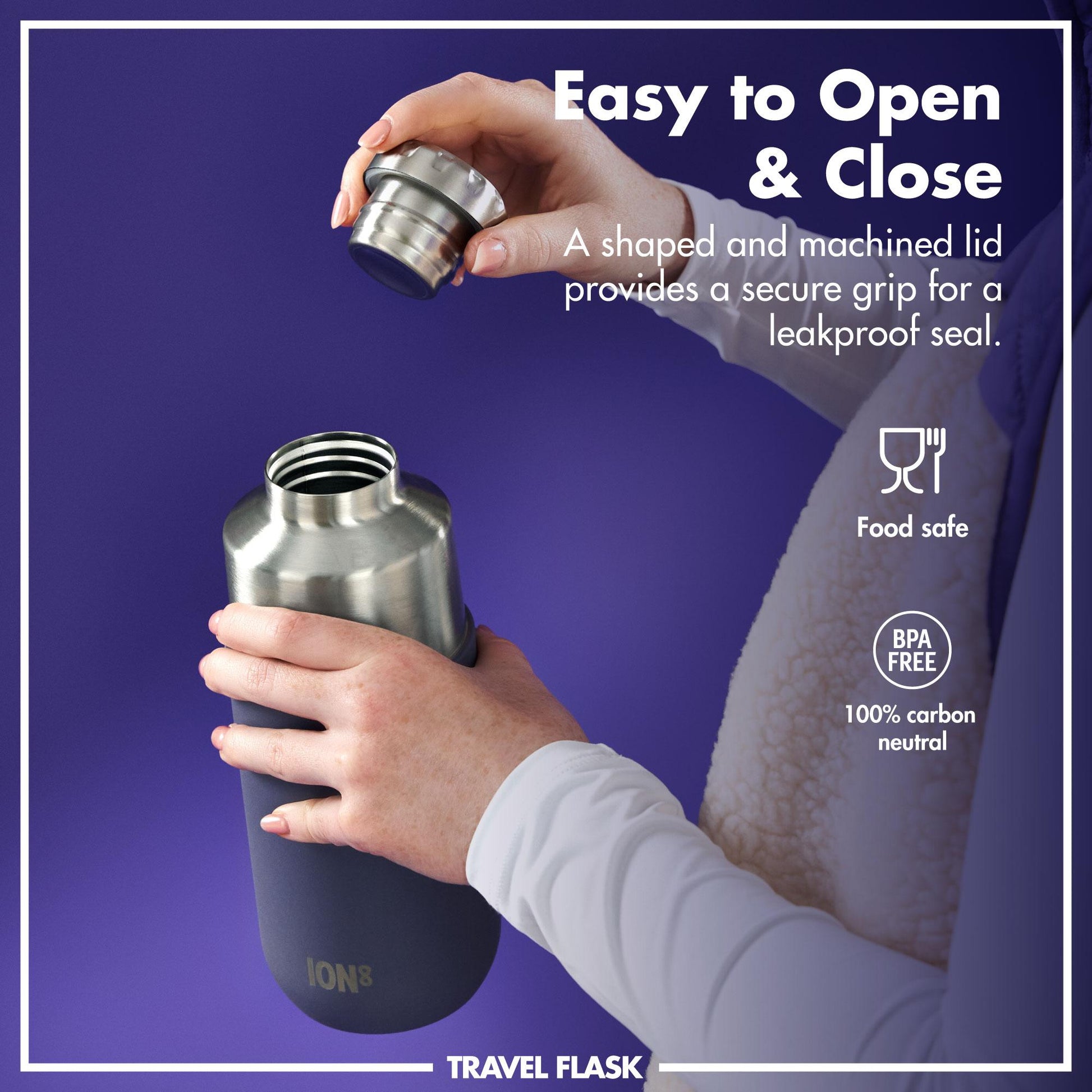 Person opening a travel flask with a purple background and text about the product's features.