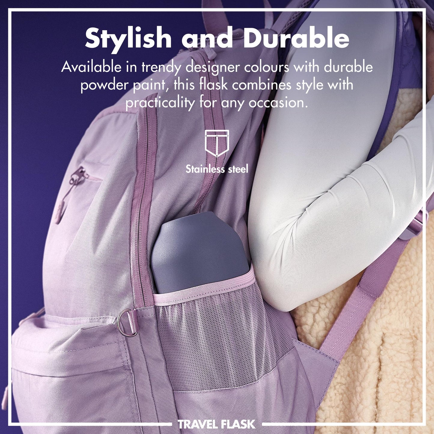 Purple travel flask with text highlighting style and durability on a dark background