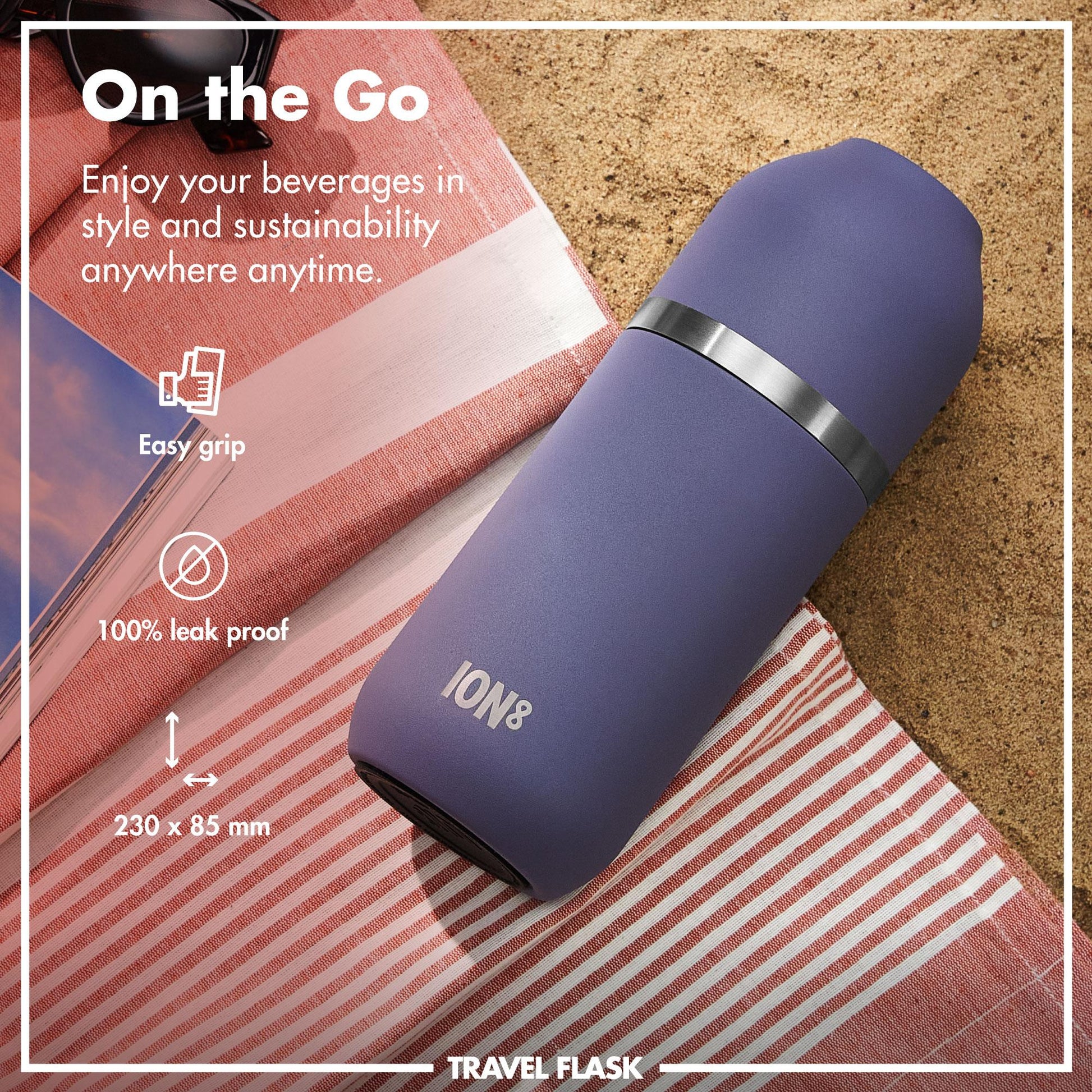 Purple travel flask with ION8 branding on a beach setting