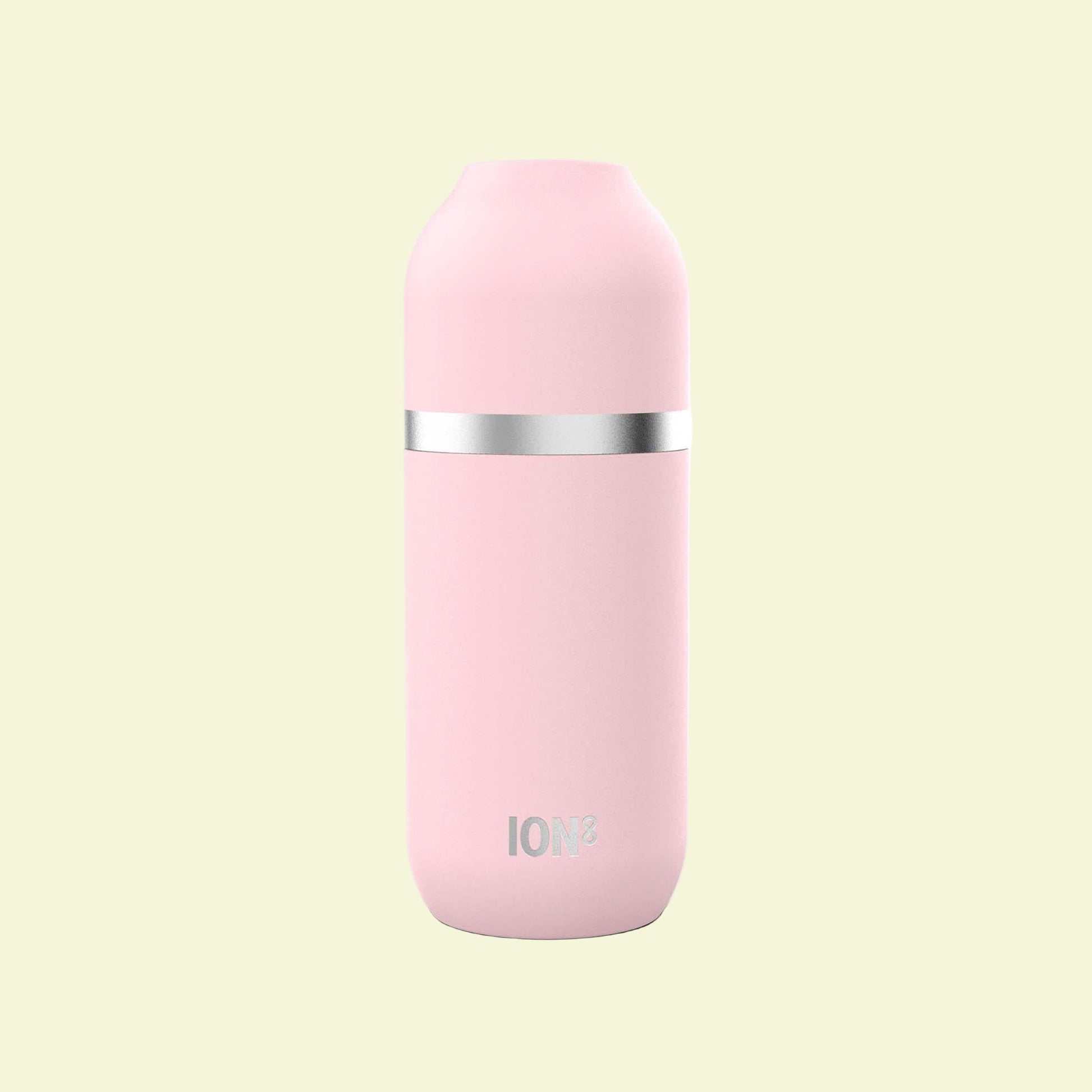 Pink thermos bottle with silver band on a white background