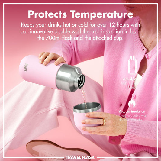 Person pouring a drink from a pink travel flask with text about temperature protection.