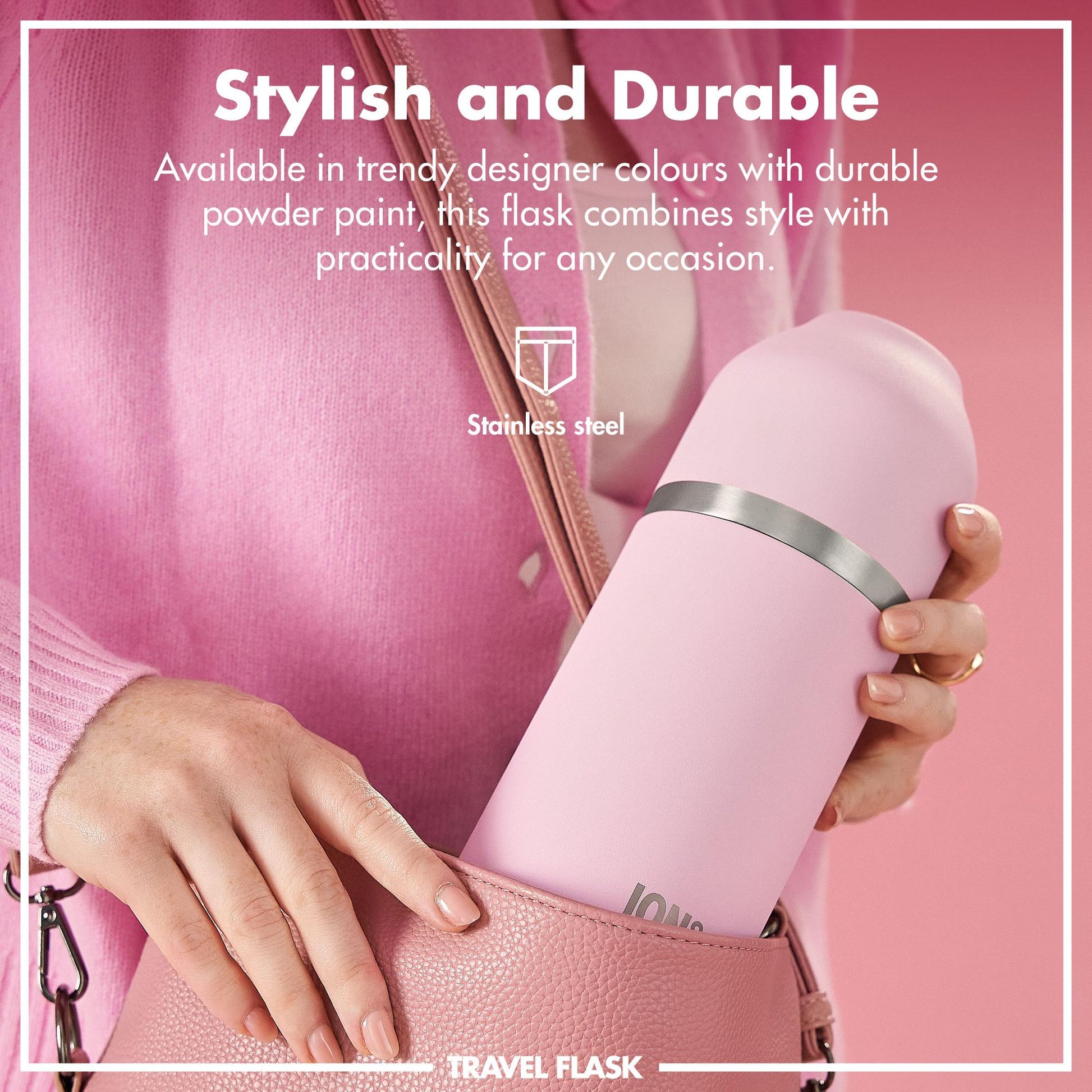 Pink travel flask held by a hand with text about style and durability.