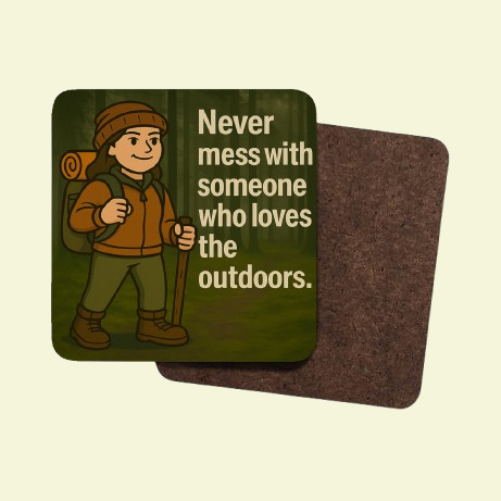 Coaster with illustration of a person hiking and text 'Never mess with someone who loves the outdoors' on a beige background