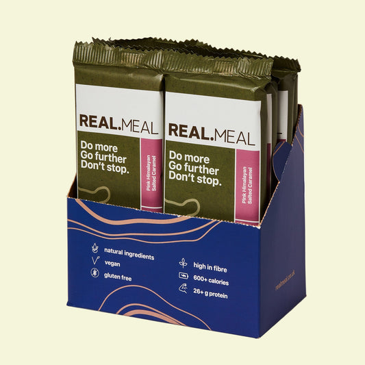 Real Meal packaging with multiple packets in a display box on a white background