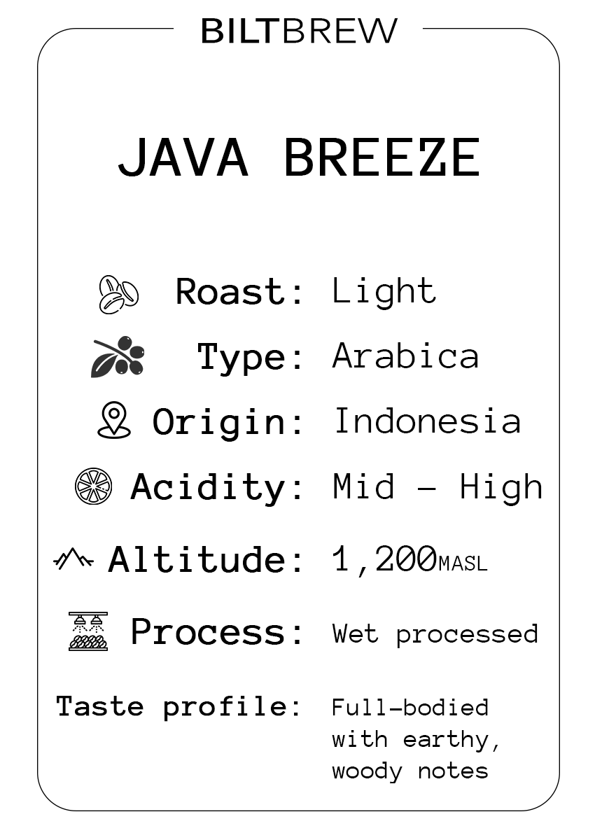 Biltbrew Java Breeze coffee label with roast, type, origin, acidity, altitude, process, and taste profile details.