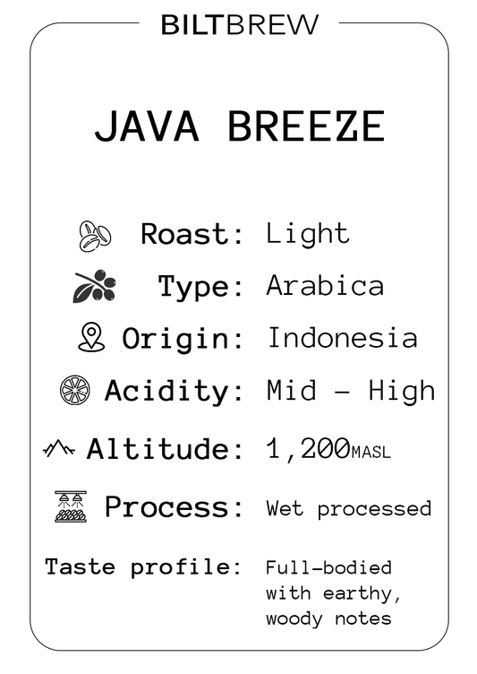 Biltbrew Java Breeze coffee label with roast, type, origin, acidity, altitude, process, and taste profile details.