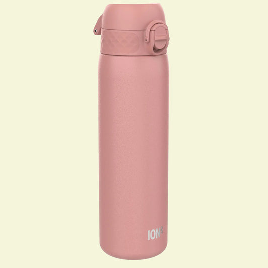 Pink water bottle with 'ION' branding on a white background