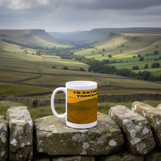 White ceramic mug with "I'd Rather Be in Yorkshire Dales for Him" text and a scenic dales graphic.