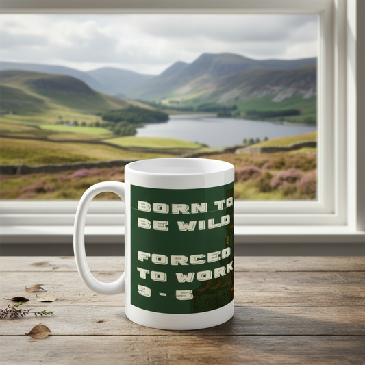 Mug with 'Born to be Wild, Forced to Work 9-5' text on a table with a scenic view in the background