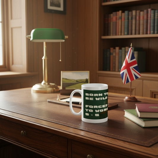 Mug with text on a desk with a lamp and books in the background