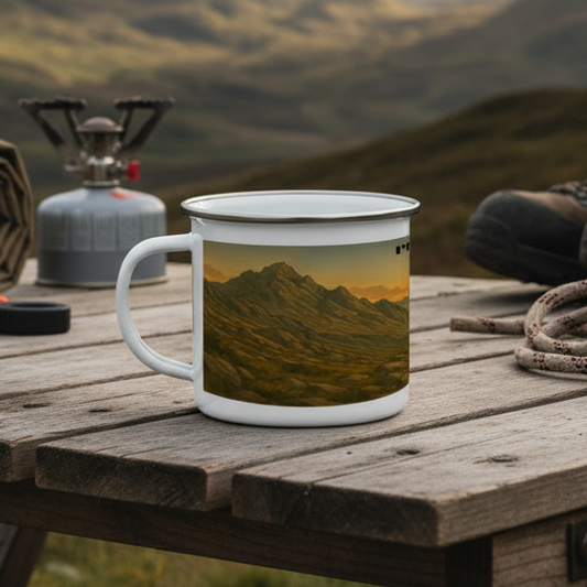White enamel camping mug with mountain landscape and sunset design on wooden table outdoors.