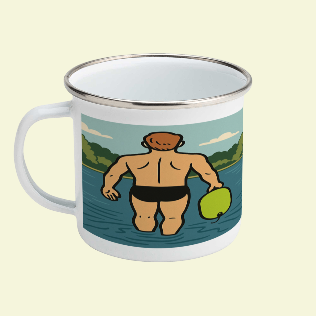 Mug with a graphic of a man in swim trunks holding a float, set against a nature background.