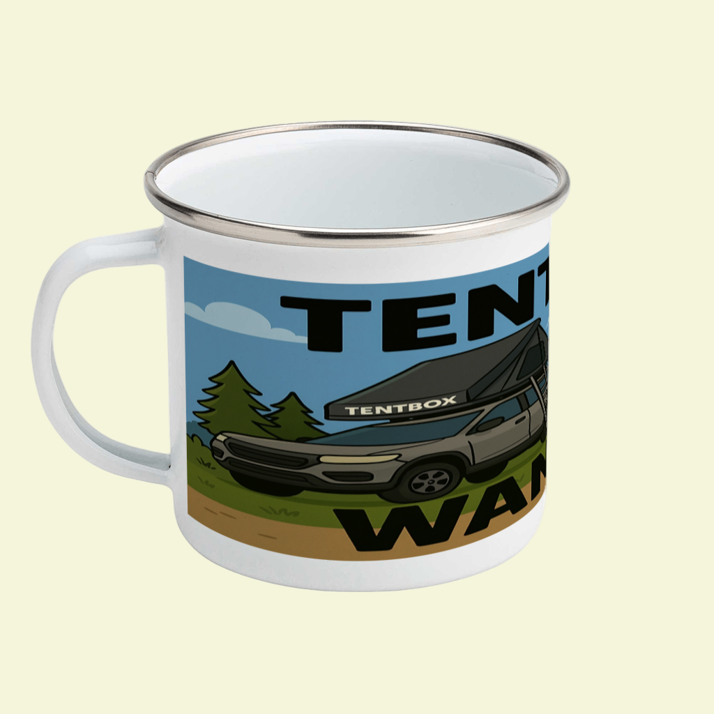 Enamel mug with a graphic of a car and trees, featuring the text 'TENTBOX' on a white background.
