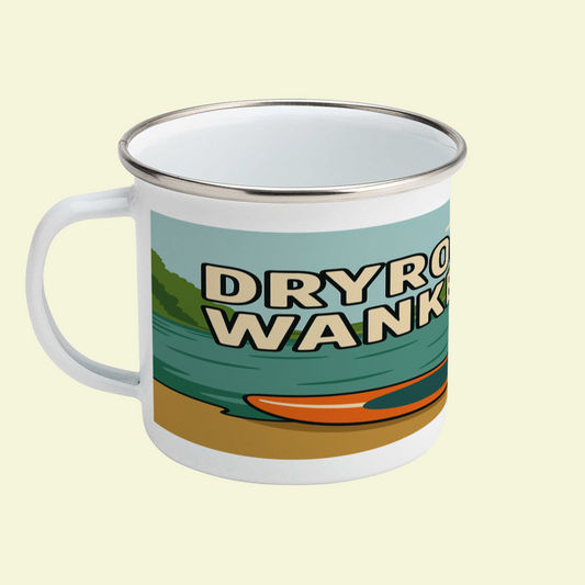 Mug with 'DRYROBE WANKER' text on a scenic design