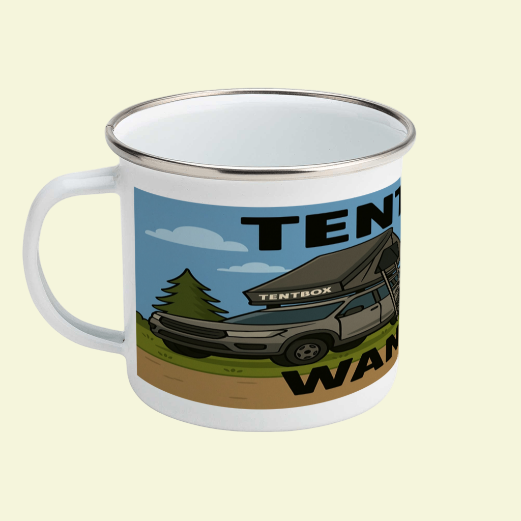 Enamel mug with camping design and 'Tentbox' branding on a white background