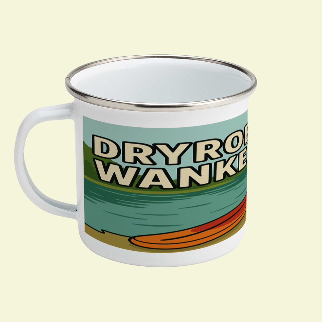 Mug with 'DRYROBE WANKER' text on a green background