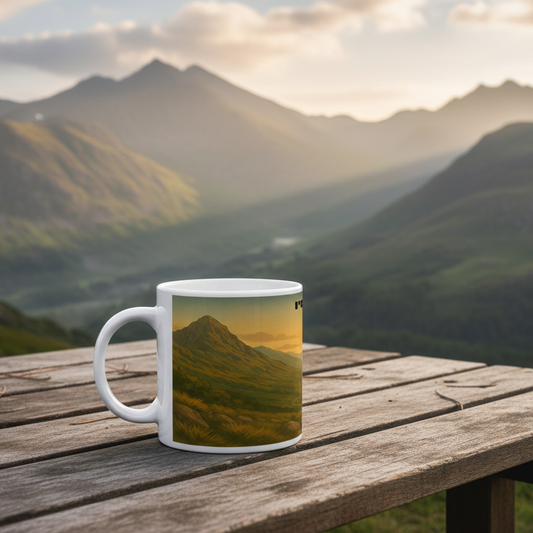 White ceramic mug featuring a detailed green mountain landscape design on the side, 11oz size.