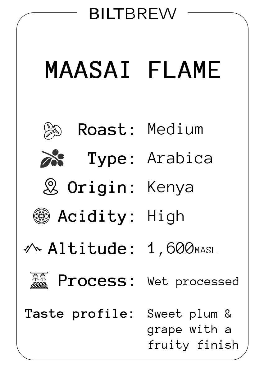 Biltbrew Maasai Flame coffee label with roast, type, origin, acidity, altitude, process, and taste profile details.