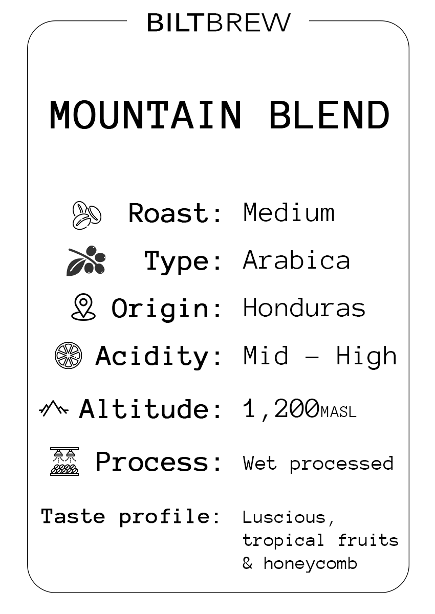 Biltbrew Mountain Blend coffee label with details on roast, type, origin, acidity, altitude, process, and taste profile.
