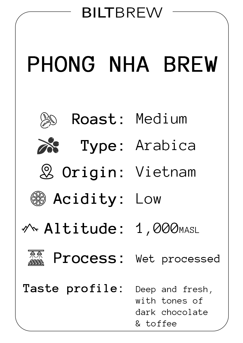 Biltbrew Phong Nha Brew coffee label with details on roast, type, origin, acidity, altitude, process, and taste profile.