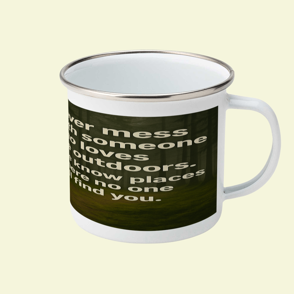 White enamel mug with silver rim for hikers