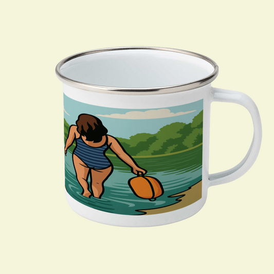 Mug with a scenic design of a person by a lake holding a float