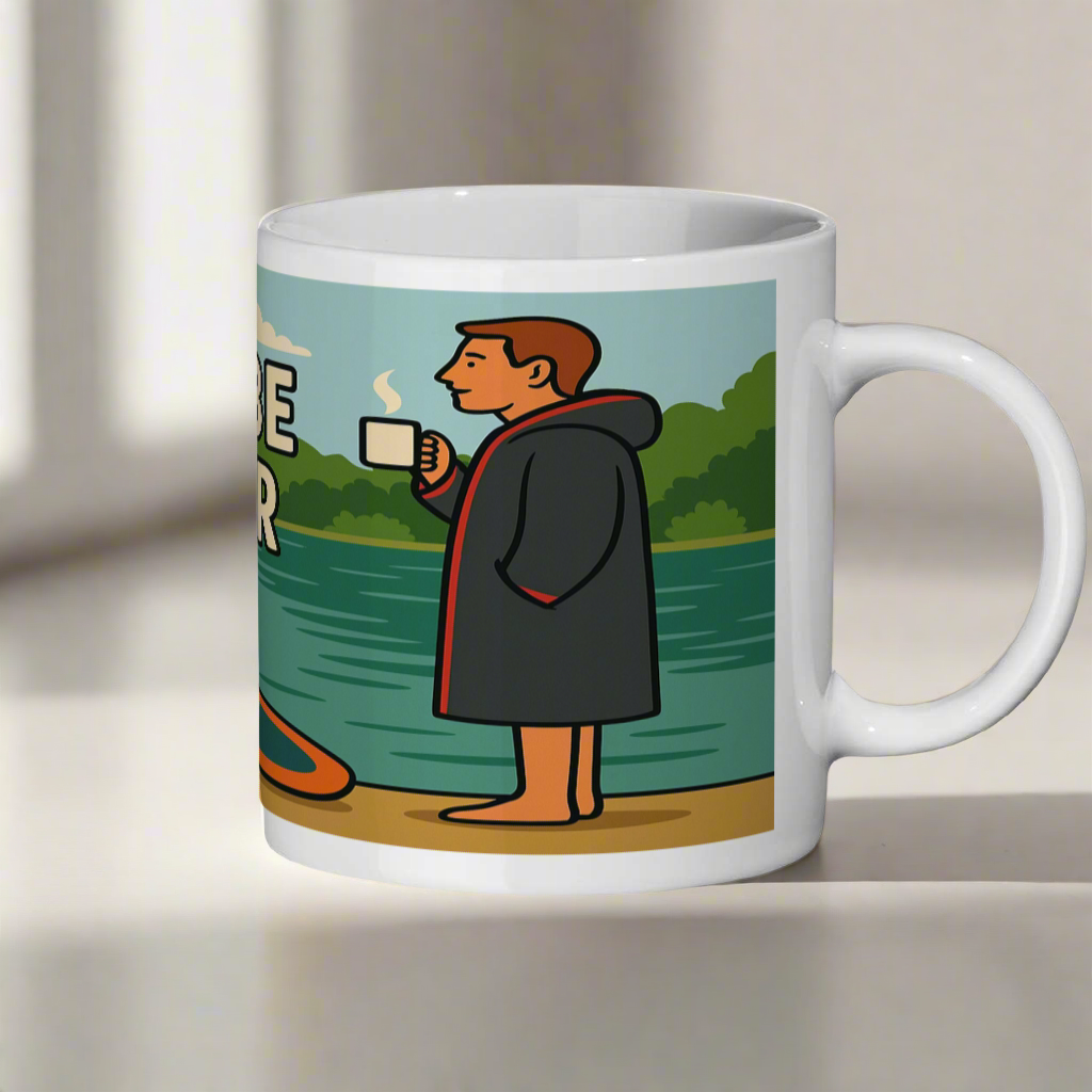 Mug with a cartoon design of a person in a raincoat by a lake, holding a mug.