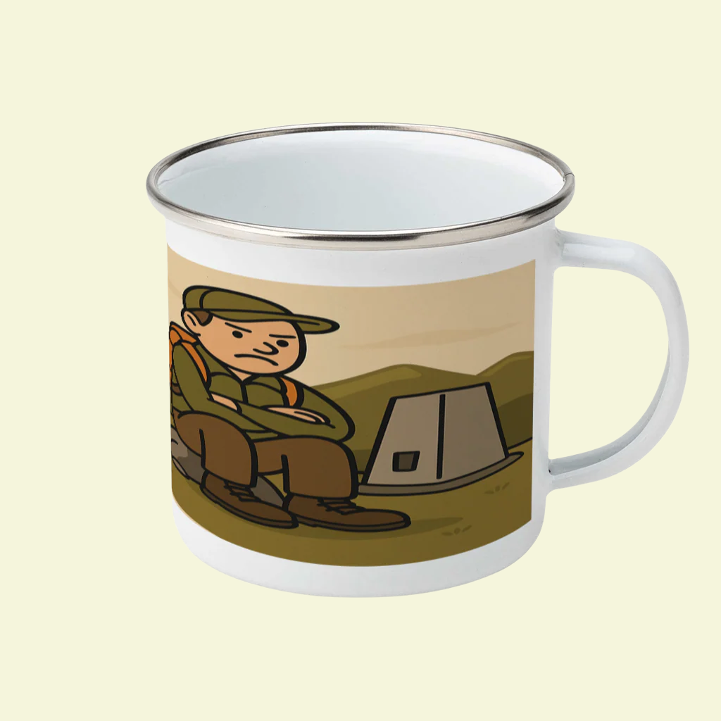 White enamel mug with silver rim, printed with sarcastic hiking quote, perfect UK gift for walkers