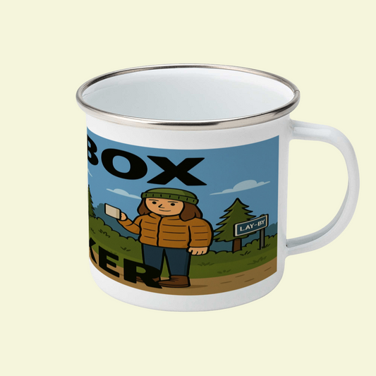 Mug with a design of a person holding a sign on a scenic background.