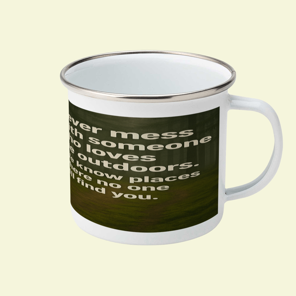 Enamel mug with text on a white background