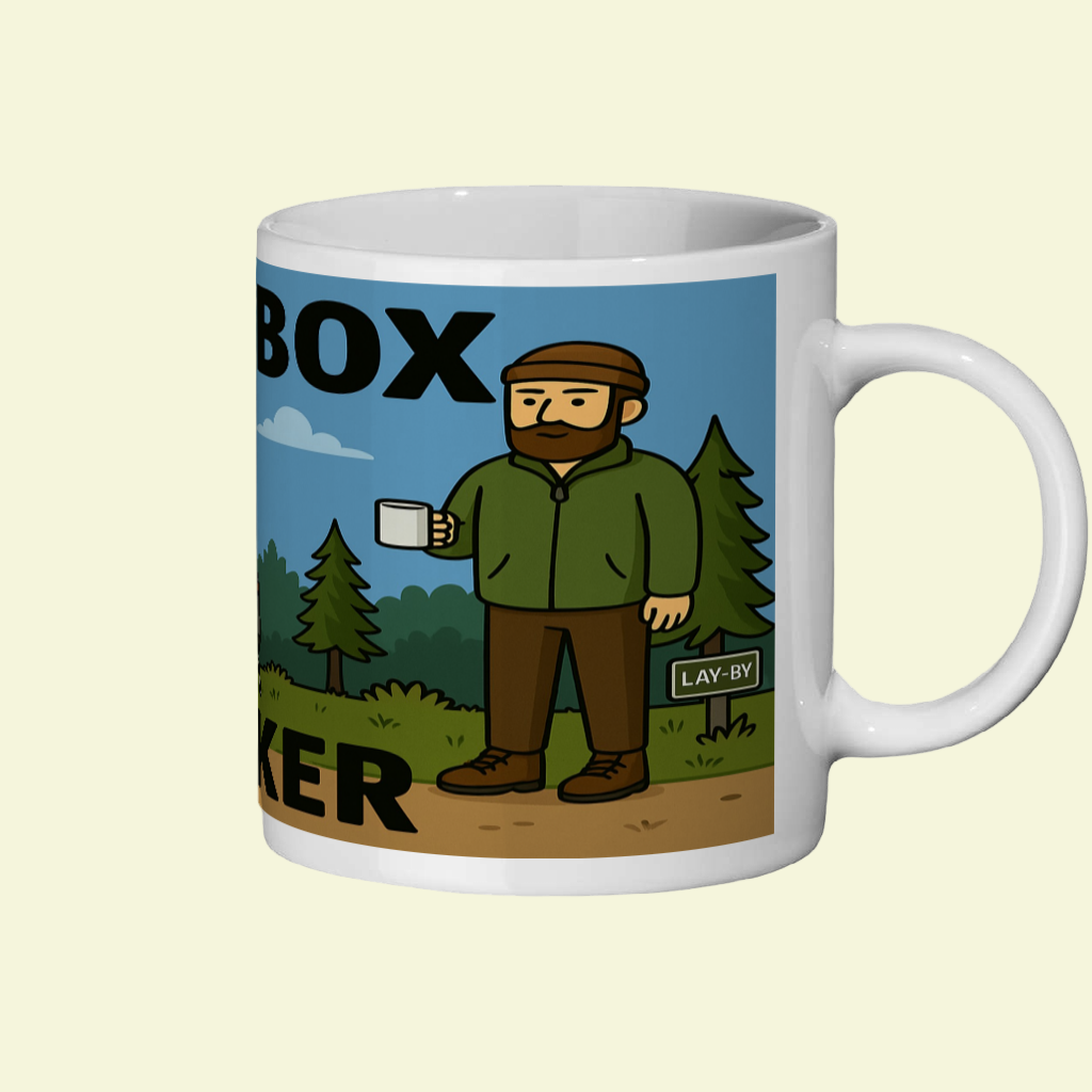 Mug with a graphic of a man in a forest setting and text on a white background
