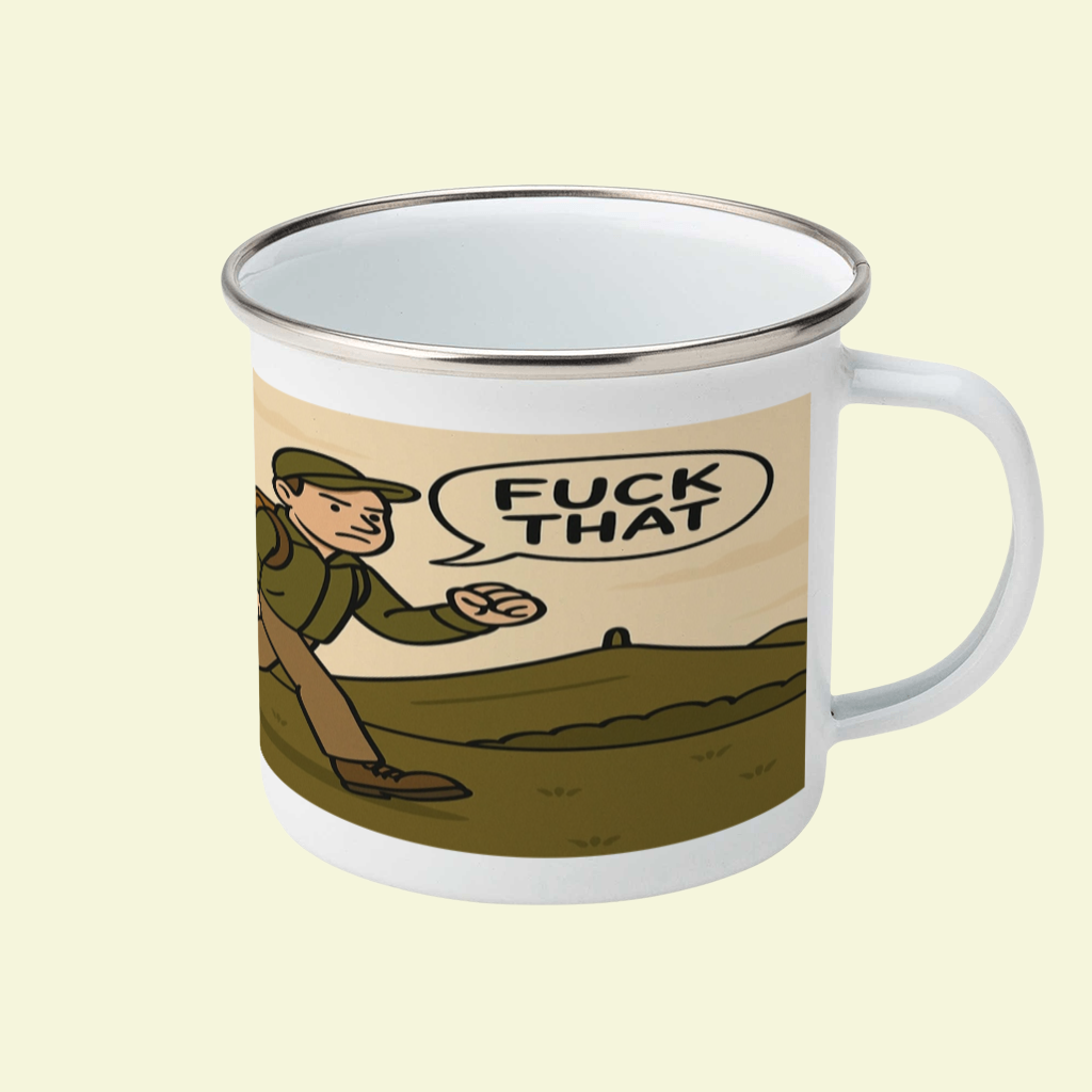 White enamel mug with silver rim for lads who love peace