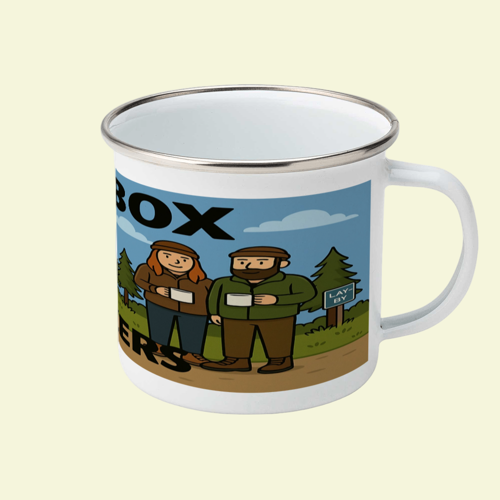 Mug with cartoon design of two people on a scenic background