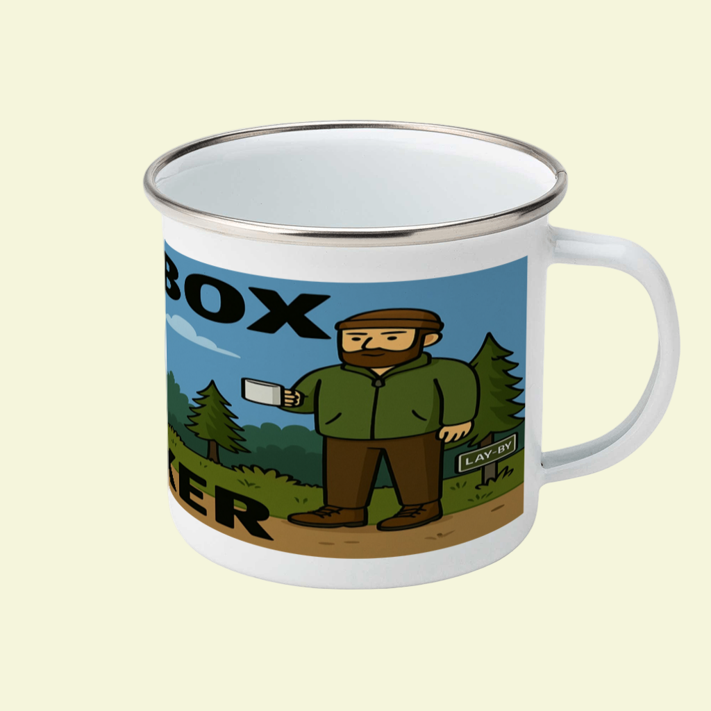 Mug with a graphic design of a person in a forest and text on a white background