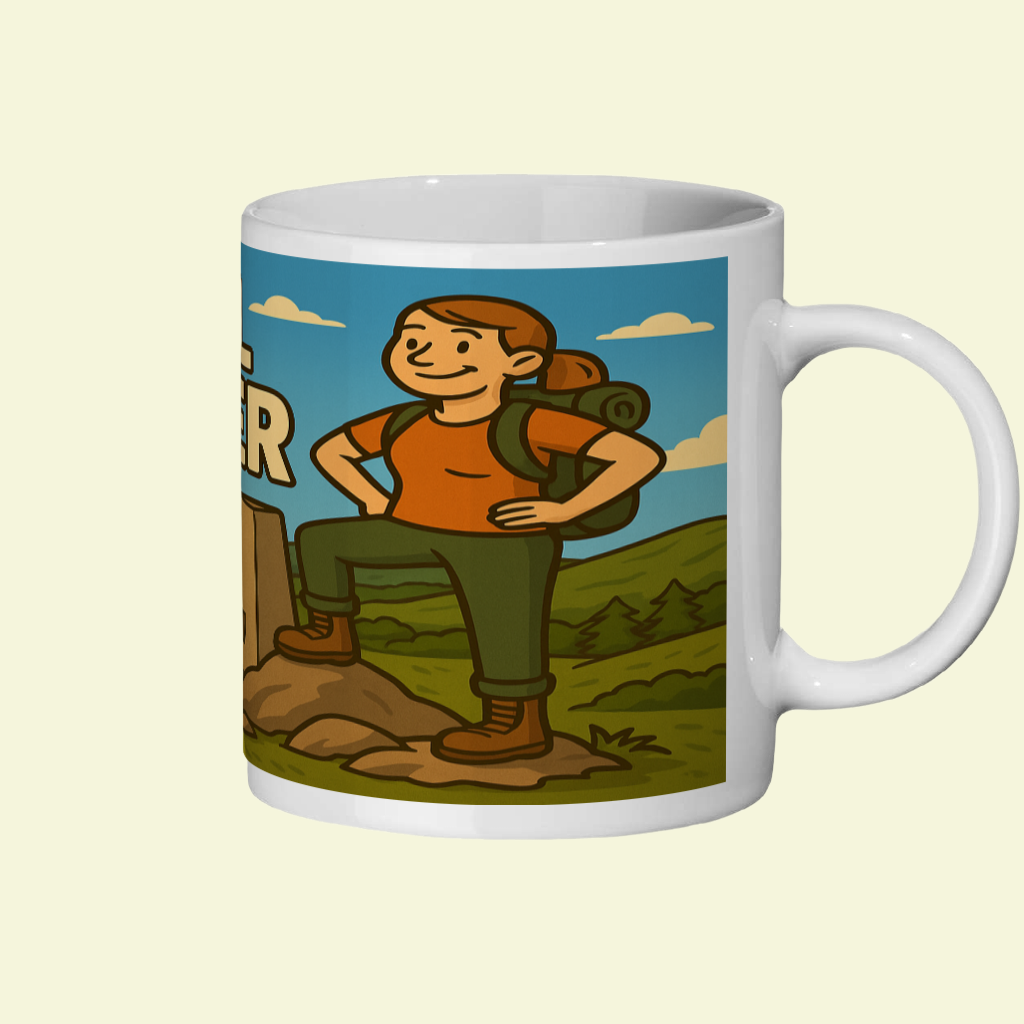 Mug with a hiking illustration on a white background