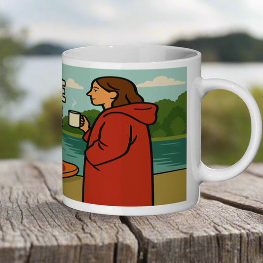 Mug with a design of a person in a red coat holding a coffee cup by a lake.