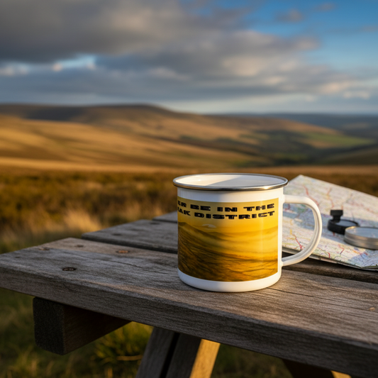 White enamel mug with black rim and Peak District landscape print on wooden picnic table outdoors.
