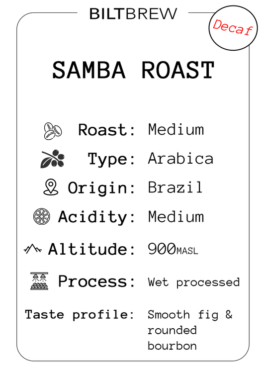 Biltbrew Samba Roast coffee label with roast, type, origin, acidity, altitude, process, and taste profile information.